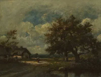 Stugan vid vägkanten, stormig himmel av Jules Dupré