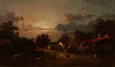 Village Scene, Sunset av Jules Dupré