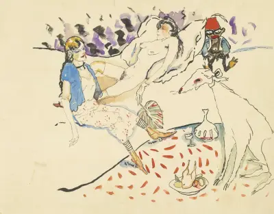 Kvinna med sin hund och naken av Jules Pascin