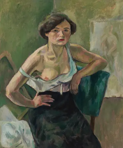 Ung kvinna på grön stol av Jules Pascin
