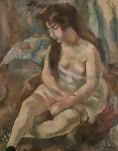 Ung flicka sittande med fruktskål av Jules Pascin