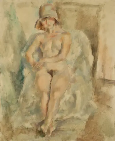 Naken modell med hatt av Jules Pascin