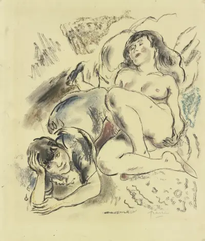 Två flickor på en schäslong av Jules Pascin