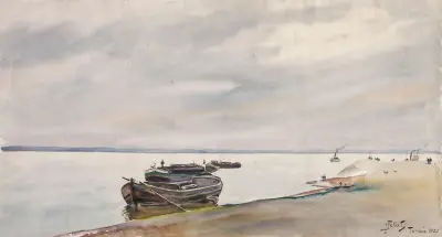 Boats and steamship on the Vistula near Toruń av Julian Falat