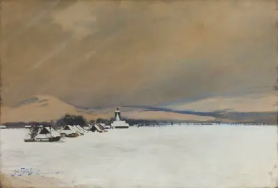Winter landscape from Żywiec av Julian Falat