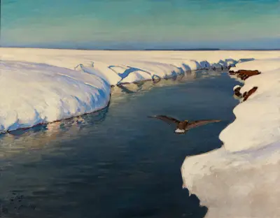 Winter landscape with a river and a bird av Julian Falat