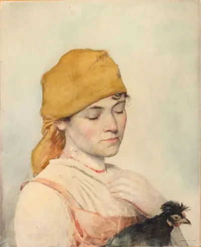 Woman with a hen av Julian Falat