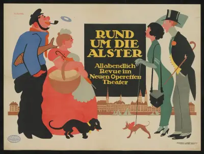 Affisch för revyn 'Rund um die Alster' på Neues Operetten-Theater av Julius Klinger