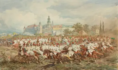 Emperor Franz Joseph I surrounded by the Krakow banderia supplied by Adam Tański at Błonia during the ceremonial entry to Krakow on 1 September 1880 av Juliusz Kossak
