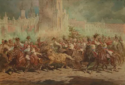 Krakowskt bröllopståg rider framför kejsaren på Stortorget i Krakow av Juliusz Kossak