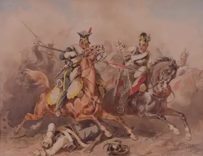 Skärmytsling mellan lansiärer från Legionen vid Vistula och ryska kyrassiärer av Juliusz Kossak