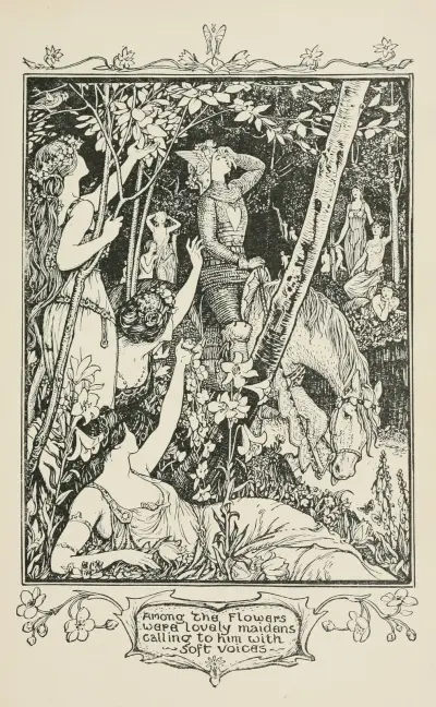 Among the Flowers were lovely Maidens calling to him with soft Voices av Henry Justice Ford