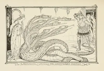 Bensurdatu attackerar den sjuhövdade ormen av Henry Justice Ford