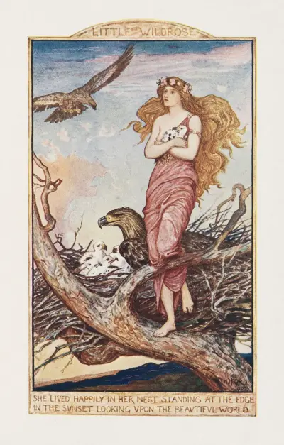 She lived happily in her nest standing at the edge in the sunset looking upon the beautiful world av Henry Justice Ford