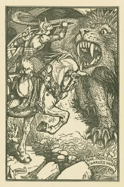 The princess charges the lion. av Henry Justice Ford