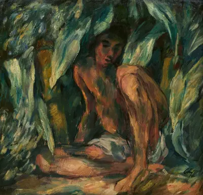 Ung man sittande under löv (Indien) av Karl Hofer