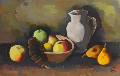 Stilleben med kruka och frukt i skål av Karl Hofer
