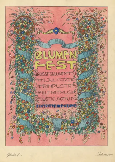 Entwürfe Plakat ‘Blumen fest Grosses Blumenfst Am 1. Juli 1920 in Der Industrie halle mit Musik belustigungen, usw. Eintritt eine Krone’ av Karl Wiener