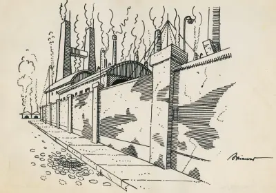 Ohne Titel (Fabrik mit rauchenden Schloten hinter Mauer) av Karl Wiener