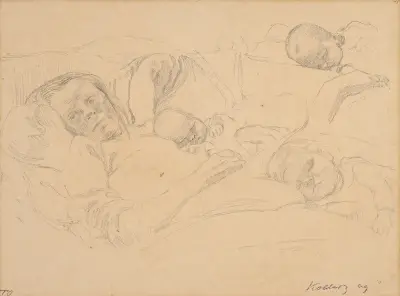 Frau im Bett mit ihrem Kind av Käthe Kollwitz