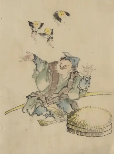 A man, sitting on the ground av Katsushika Hokusai