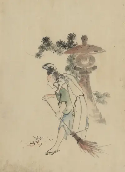 A man sweeping pine needles that have fallen from a tree near a stone shrine av Katsushika Hokusai