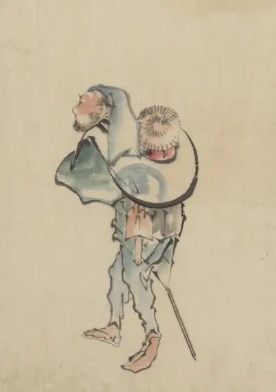 A man walking to the left, with a large hat resting on his back and wearing sandals, holding a short staff possibly used to propell a boat av Katsushika Hokusai