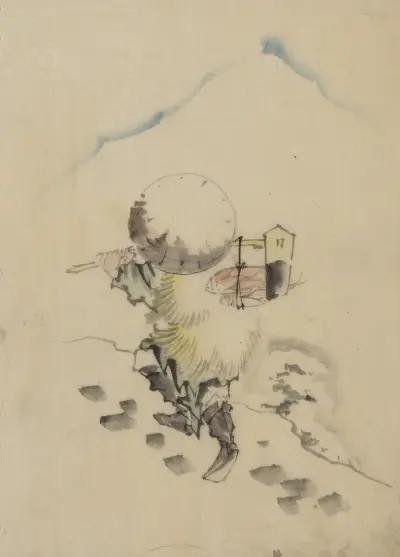 A man, wearing a conical hat, a straw or feather outer garment, and boots, is carrying a long-handled tool av Katsushika Hokusai