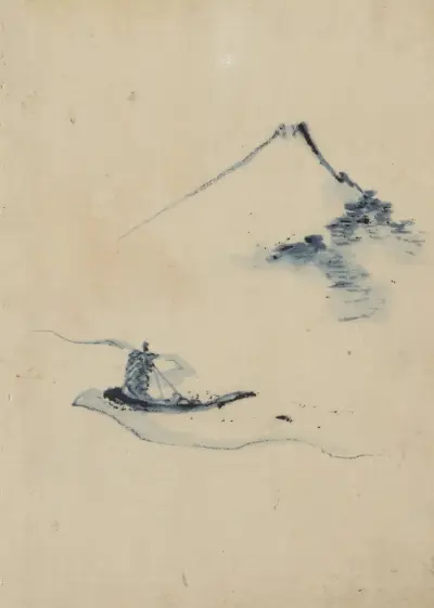 A person in a small boat on a river with Mount Fuji in the background av Katsushika Hokusai