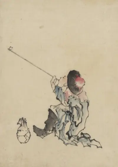 A traveler, seated, wearing a robe, boots, and rounded-top conical hat, smoking a long pipe av Katsushika Hokusai