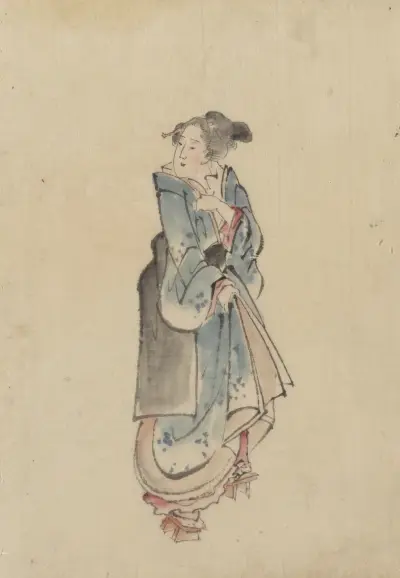 A woman walking to the right, full-length portrait, facing left, wearing kimono and geta av Katsushika Hokusai