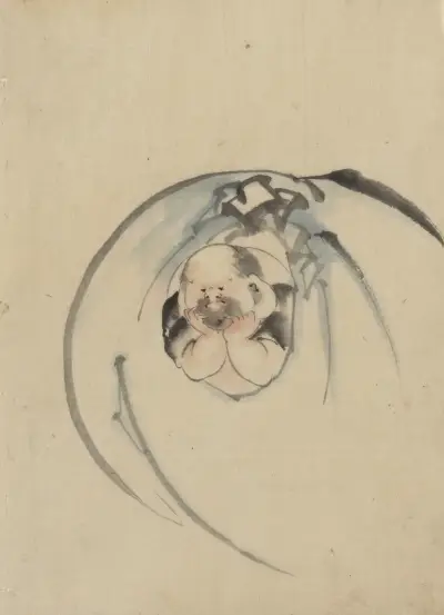 Hotei, the god of good fortune, one of the seven lucky gods, facing front with his head resting on his hands av Katsushika Hokusai