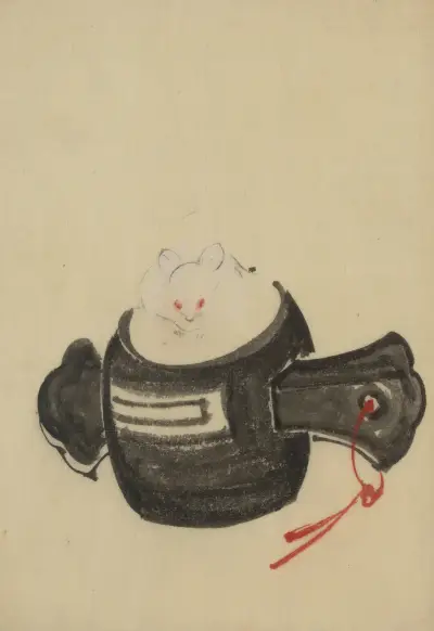 Mouse, facing front, sitting on a mallet with red ribbon through a hole in the handle av Katsushika Hokusai