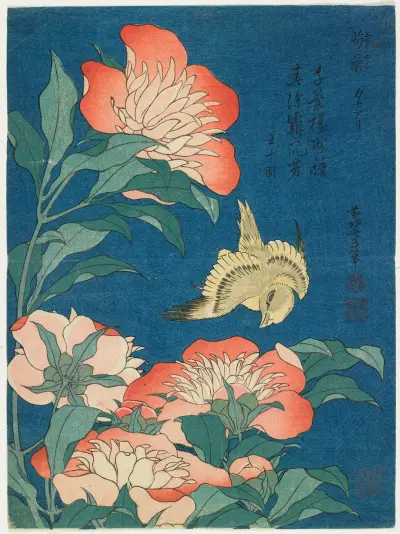 Peonies and Canary av Katsushika Hokusai