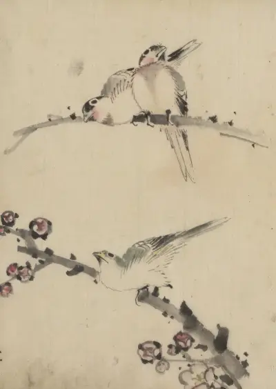Three birds perched on branches, one with blossoms av Katsushika Hokusai
