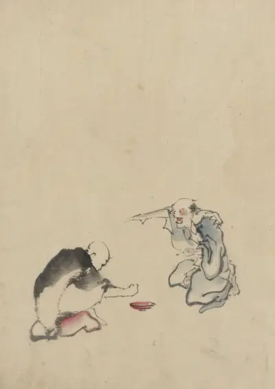 Two men playing a game or gambling, possibly involving dice of some sort av Katsushika Hokusai
