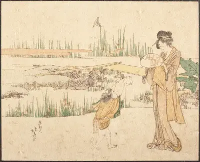 Woman and Child in a Garden; fragment of Goldfish Vendor av Katsushika Hokusai