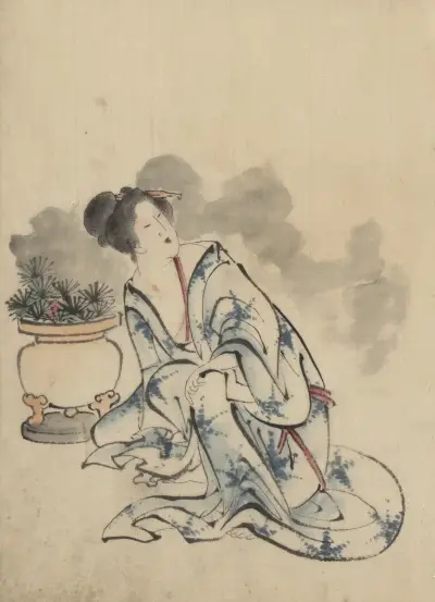 Woman, possibly a courtesan, sitting next to a flowerpot av Katsushika Hokusai