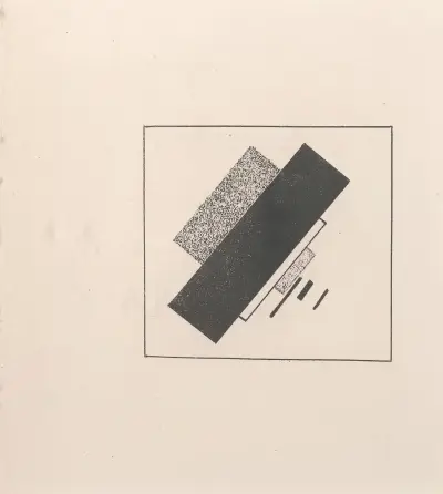 Kompozycja z czterema czarnymi, jednym białym i dwoma szarymi elementami, Kazimir Malevich