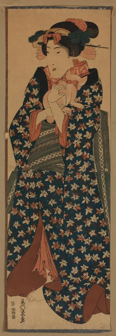 Neko o idaku musume av Keisai Eisen