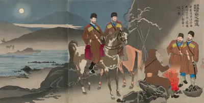 A Scouting Party of the Japanese Army Observing the Movements of Russian Cossack Soldiers across the Daedong River av Kobayashi Kiyochika