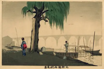 Avlägsen vy över Ryōgoku från Motoyanagi-bron av Kobayashi Kiyochika