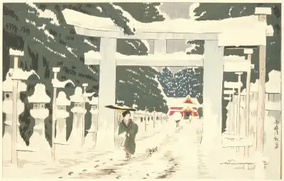 Kraftig snö vid Tōshōgū-helgedomen i Ueno av Kobayashi Kiyochika