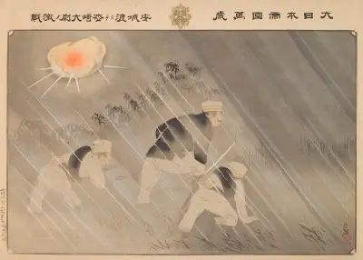 Hurrah for the Great Empire of Japan; Fierce Battle of Captain Matsuzaki at Anseong Crossing av Kobayashi Kiyochika
