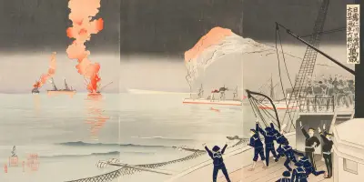 Hurrah for the Great Victory of the Navy of Great Japan at the Naval Battle of Incheon between Japan and Russia av Kobayashi Kiyochika