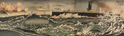 Vår flotta bombarderar Dalian-bukten av Kobayashi Kiyochika