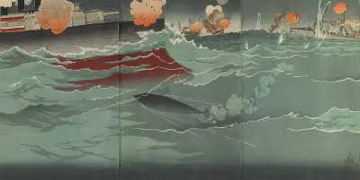 Our Torpedo Hitting a Russian Warship at the Great Naval Battle of Port Arthur av Kobayashi Kiyochika