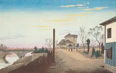 Uppgående sol från Yorozubashi-bron av Kobayashi Kiyochika
