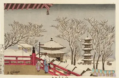 Templet Sensōji i snö av Kobayashi Kiyochika