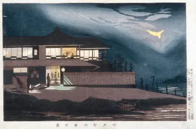 View of Houses of Entertainment in Imado at Dawn av Kobayashi Kiyochika